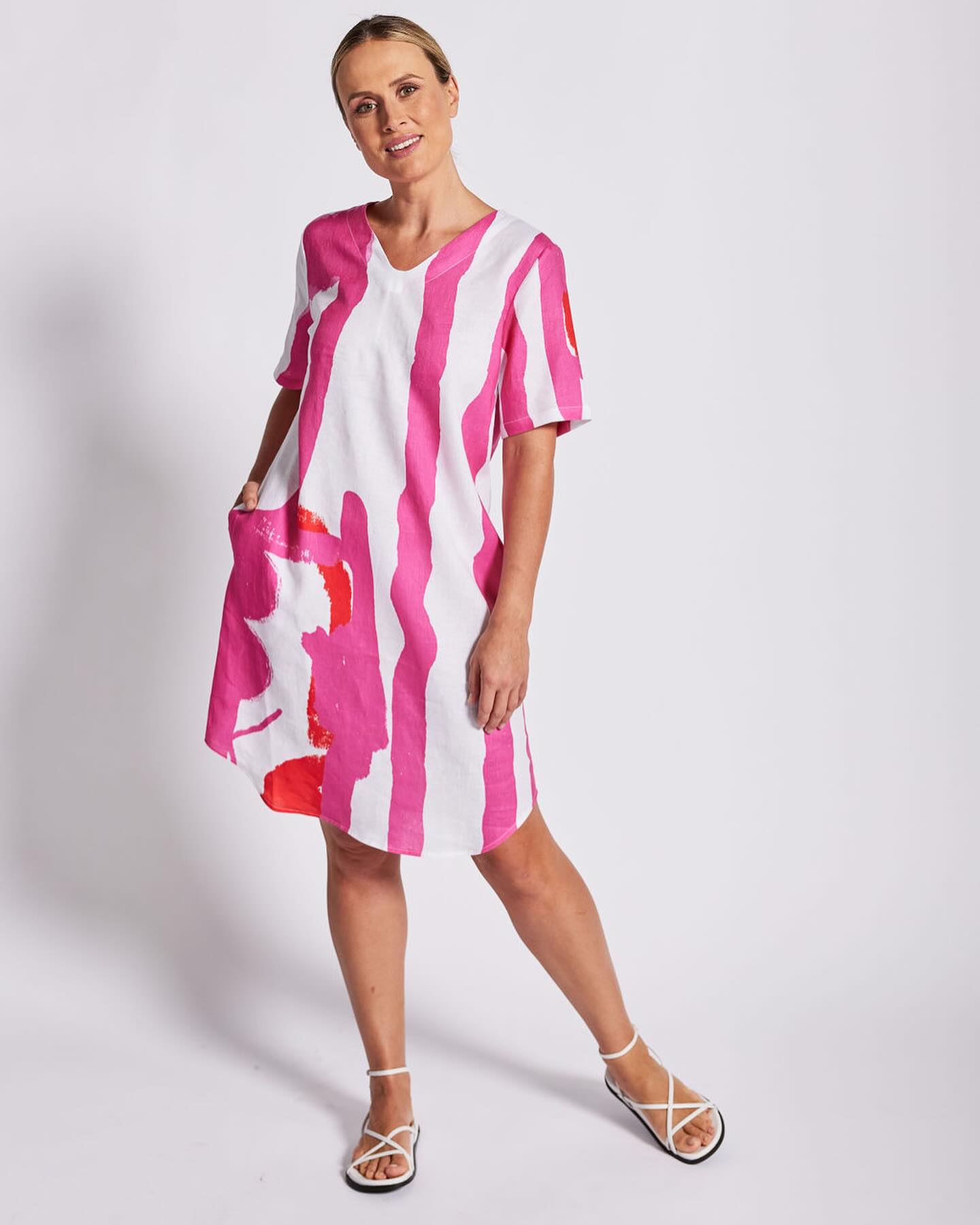 Soft V Neck Dress with Pockets Pink/Orange