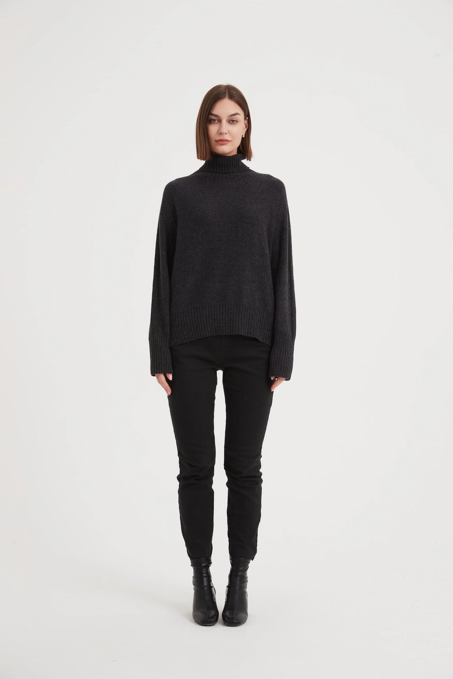 Funnel Neck Rib Detail Knit Charcoal