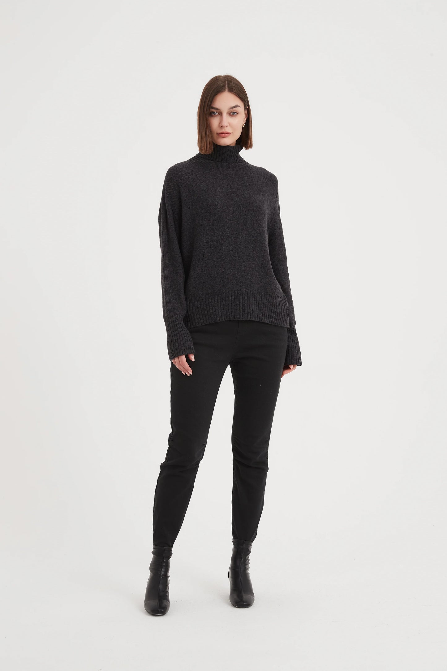 Funnel Neck Rib Detail Knit Charcoal