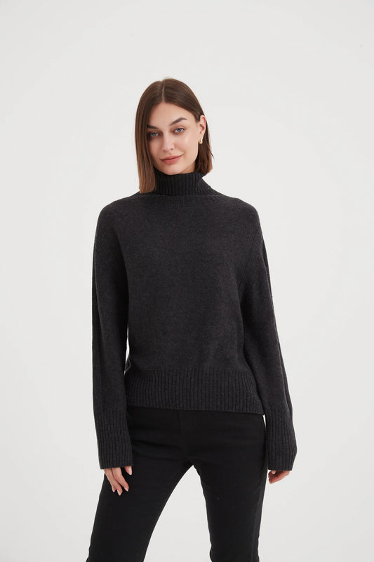 Funnel Neck Rib Detail Knit Charcoal