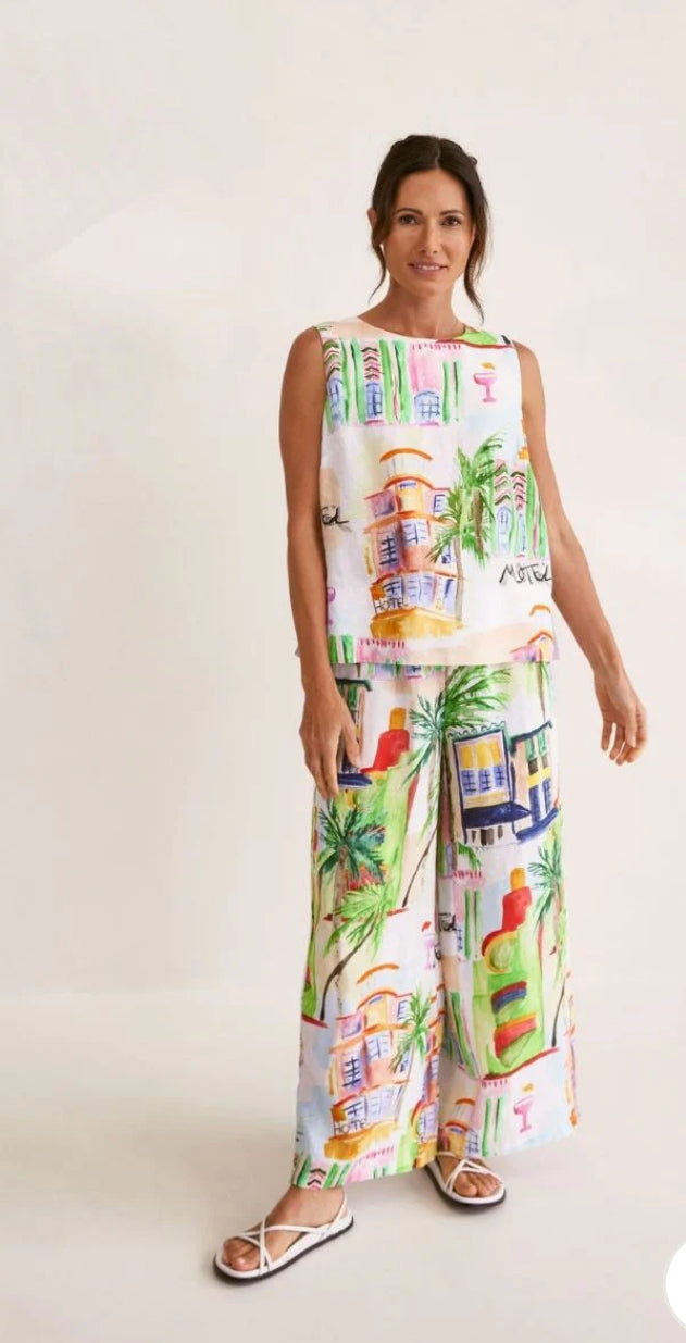 100% Linen Wide Leg Drawstring Pant Motel Print