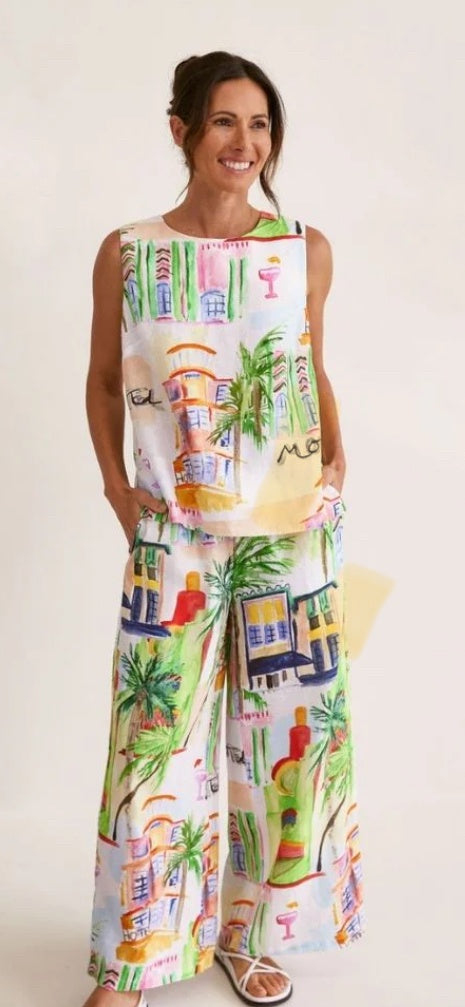 100% Linen Wide Leg Drawstring Pant Motel Print