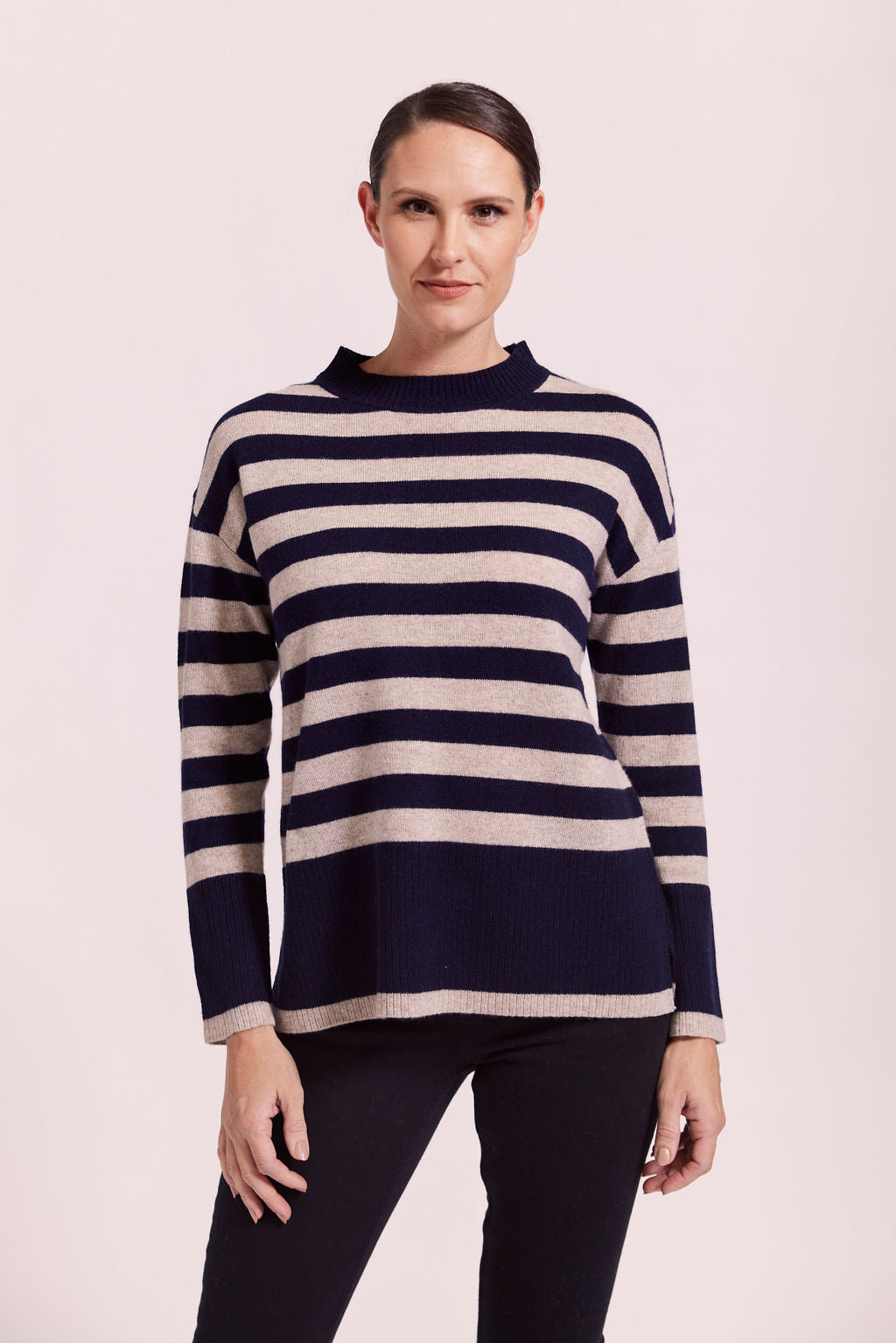 Merino Luxe Stripe Side Split Sweater Wheat/Navy SW1015W