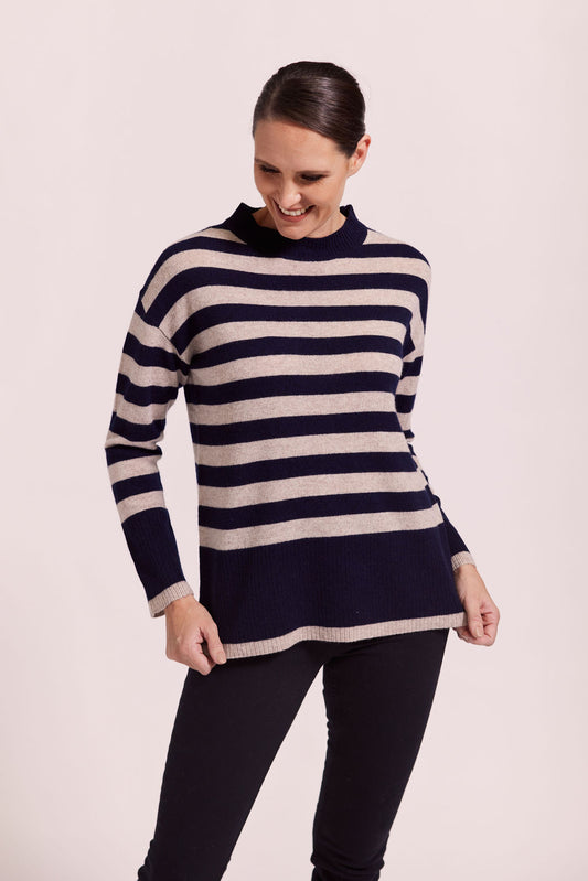 Merino Luxe Stripe Side Split Sweater Wheat/Navy SW1015W