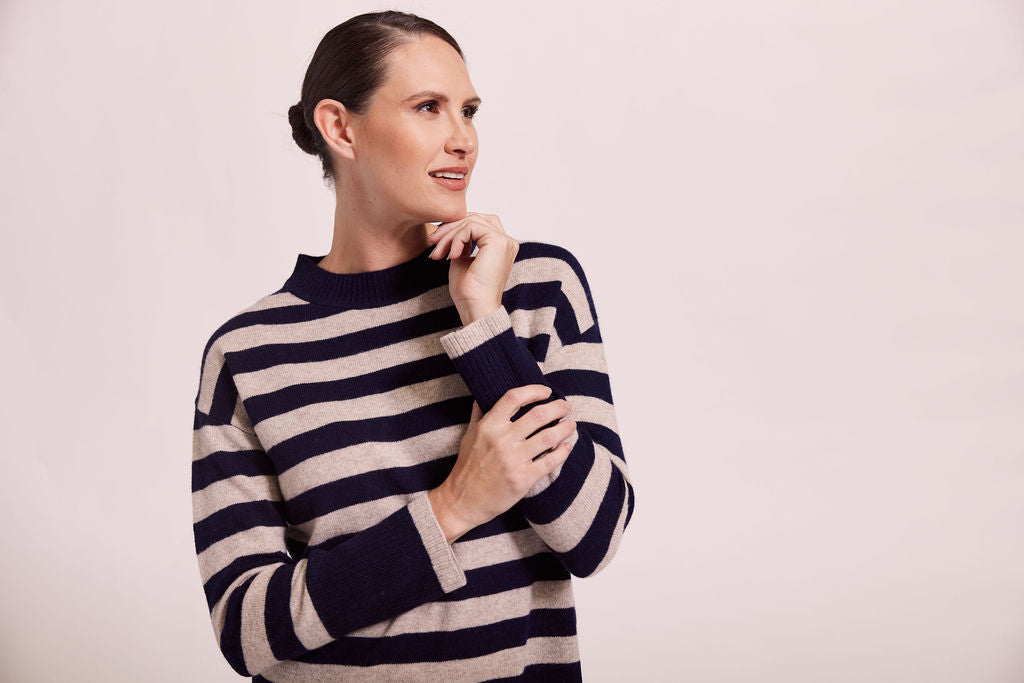 Merino Luxe Stripe Side Split Sweater Wheat/Navy SW1015W