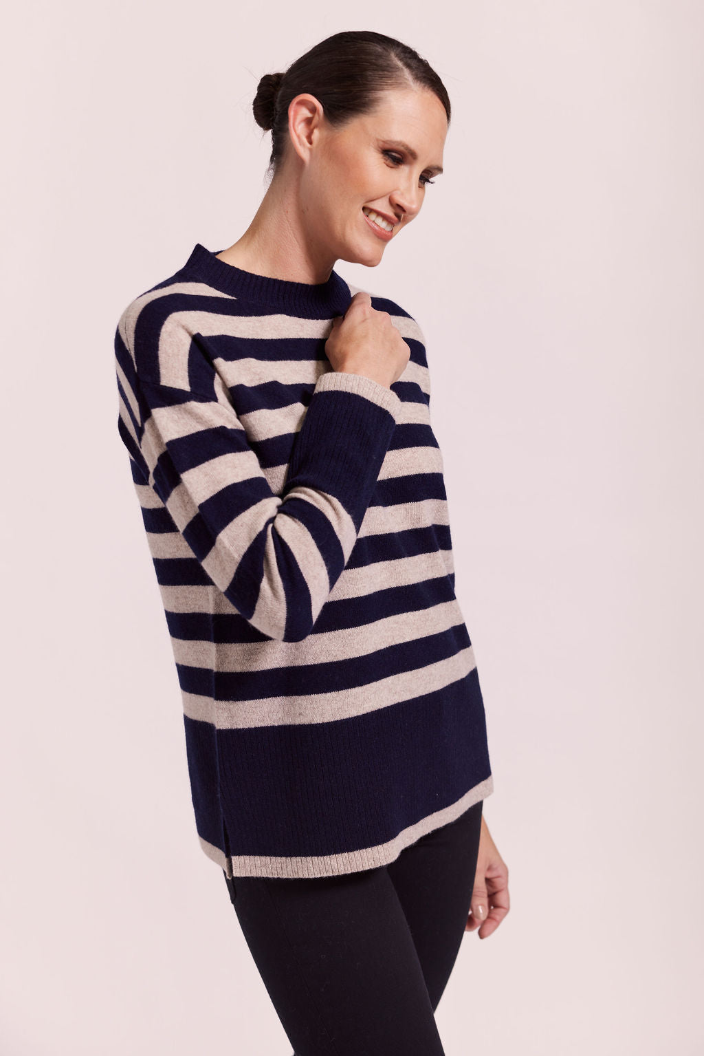 Merino Luxe Stripe Side Split Sweater Wheat/Navy SW1015W