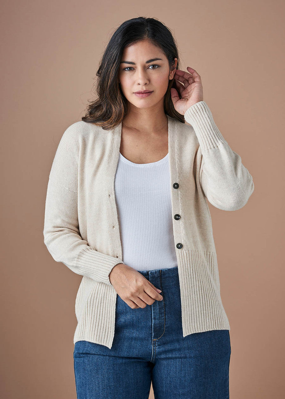 Edith V Neck Jersey Cardigan in Merino Wool Antique