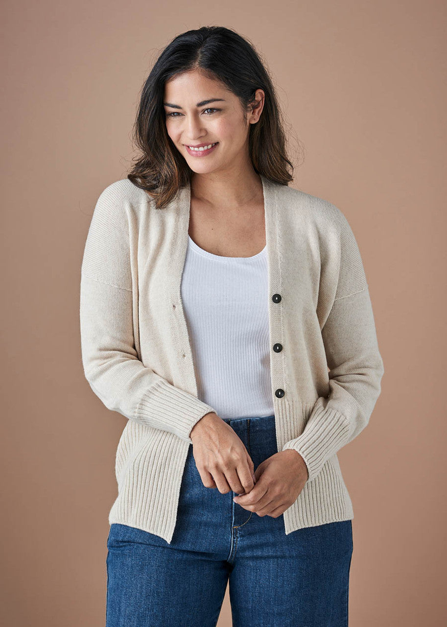 Edith V Neck Jersey Cardigan in Merino Wool Antique