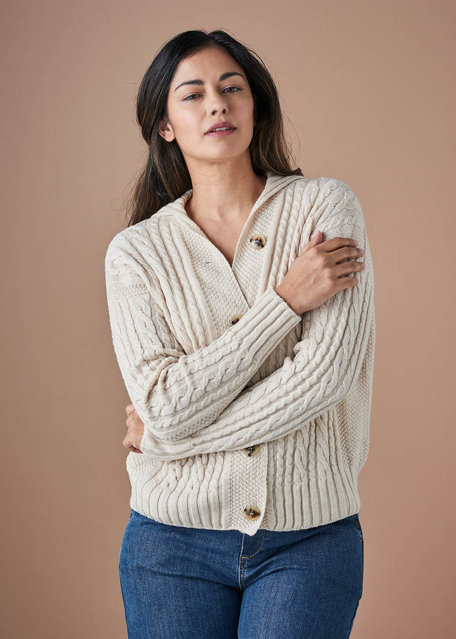 Frida Cable Textured Cardigan in Merino Wool Antique