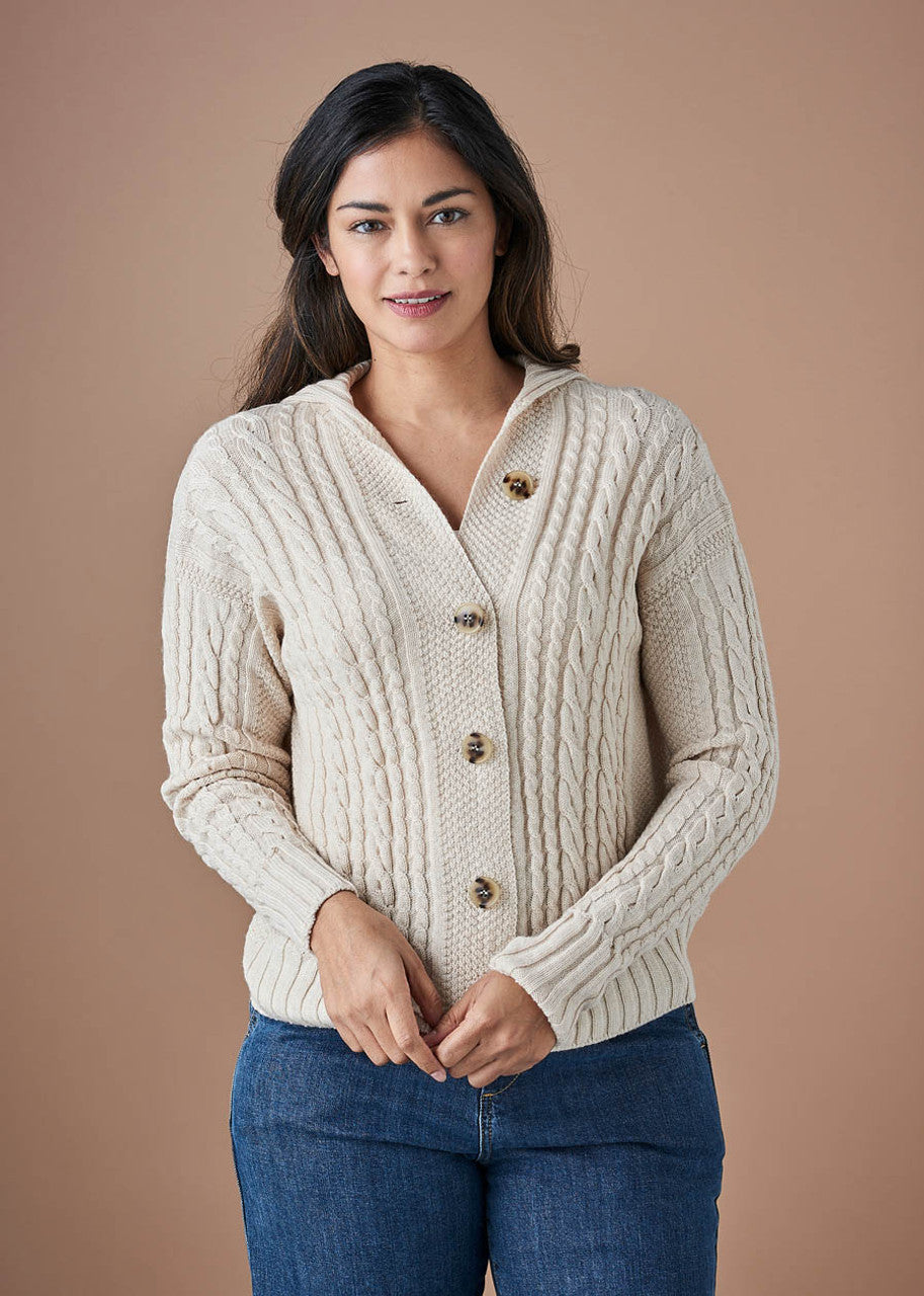 Frida Cable Textured Cardigan in Merino Wool Antique