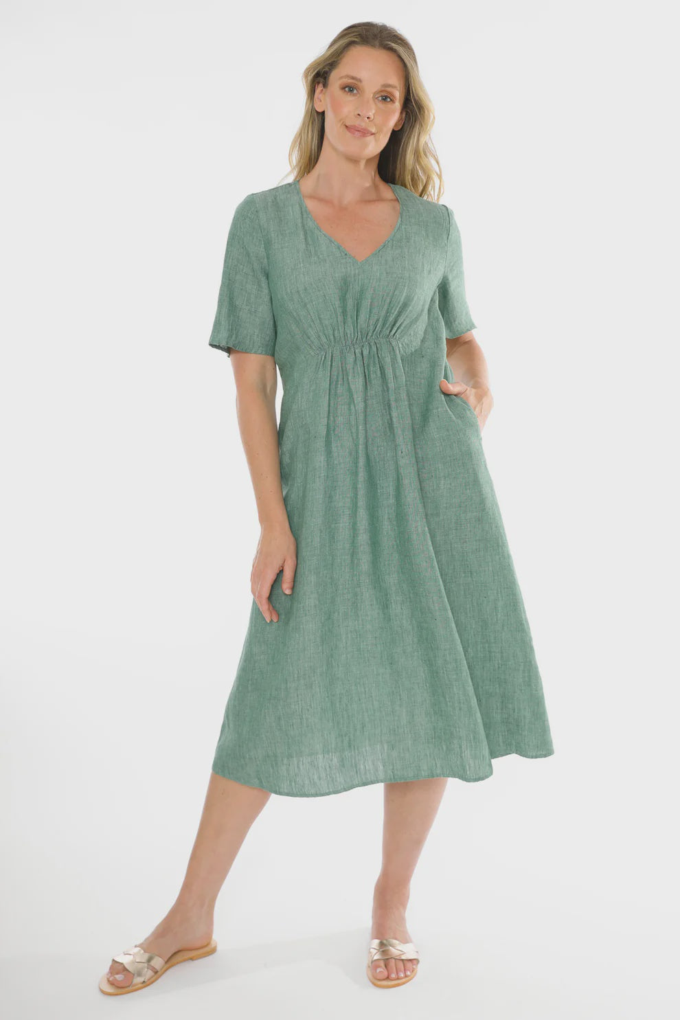 Gathered Waist V-Neck Dress Honeydew