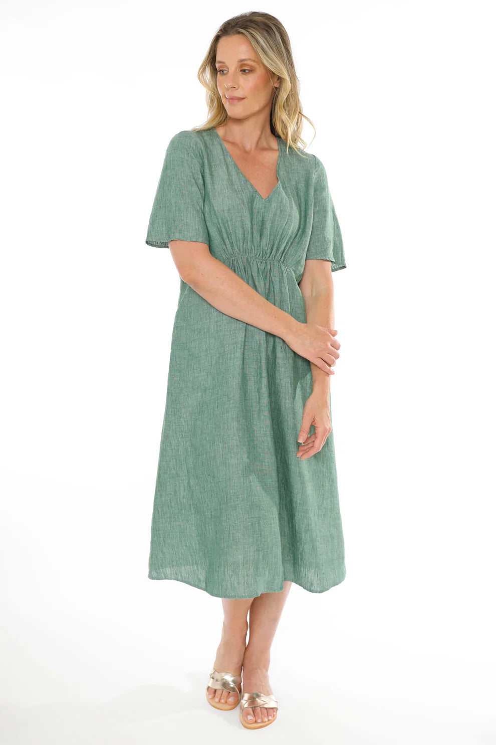 Gathered Waist V-Neck Dress Honeydew