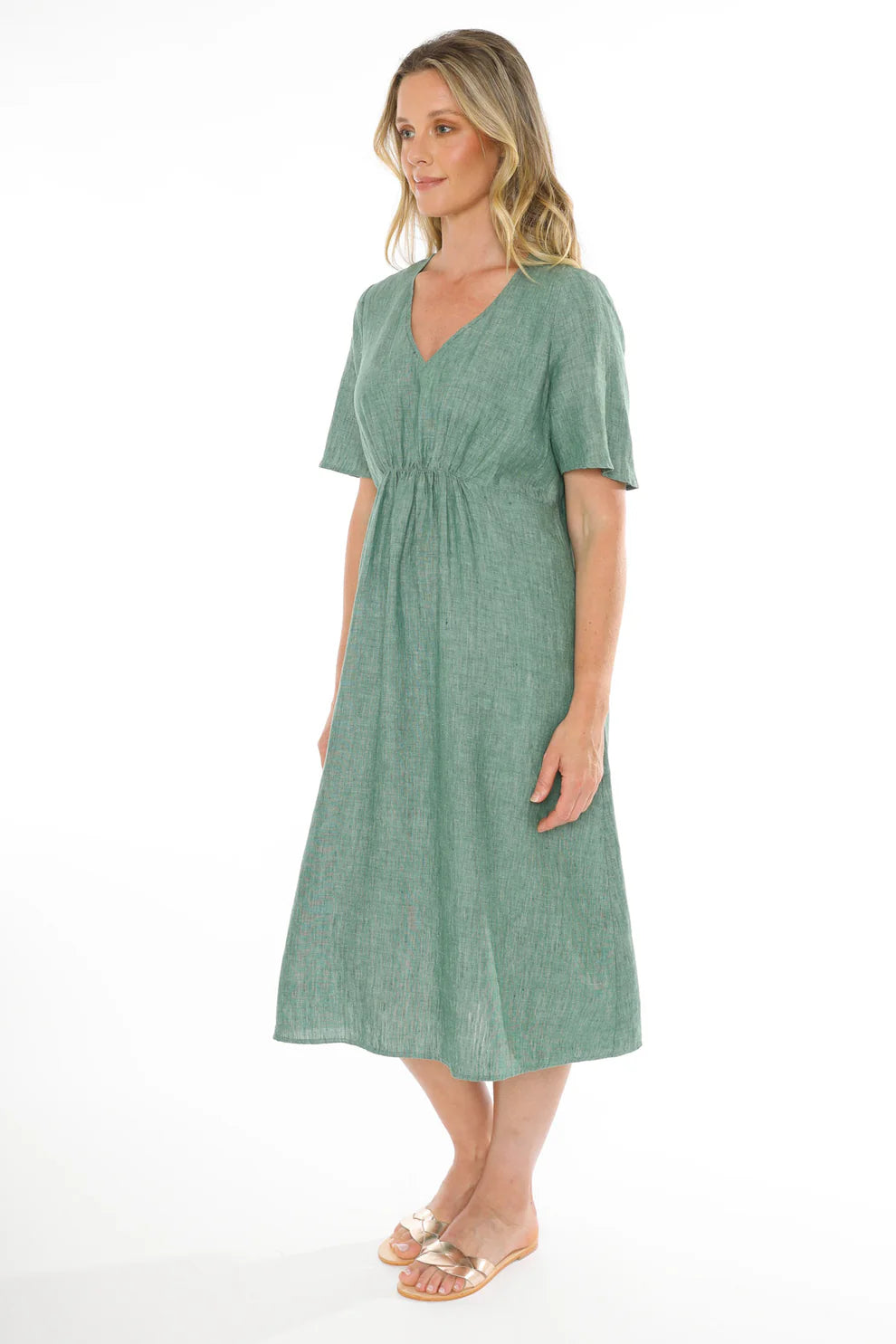 Gathered Waist V-Neck Dress Honeydew