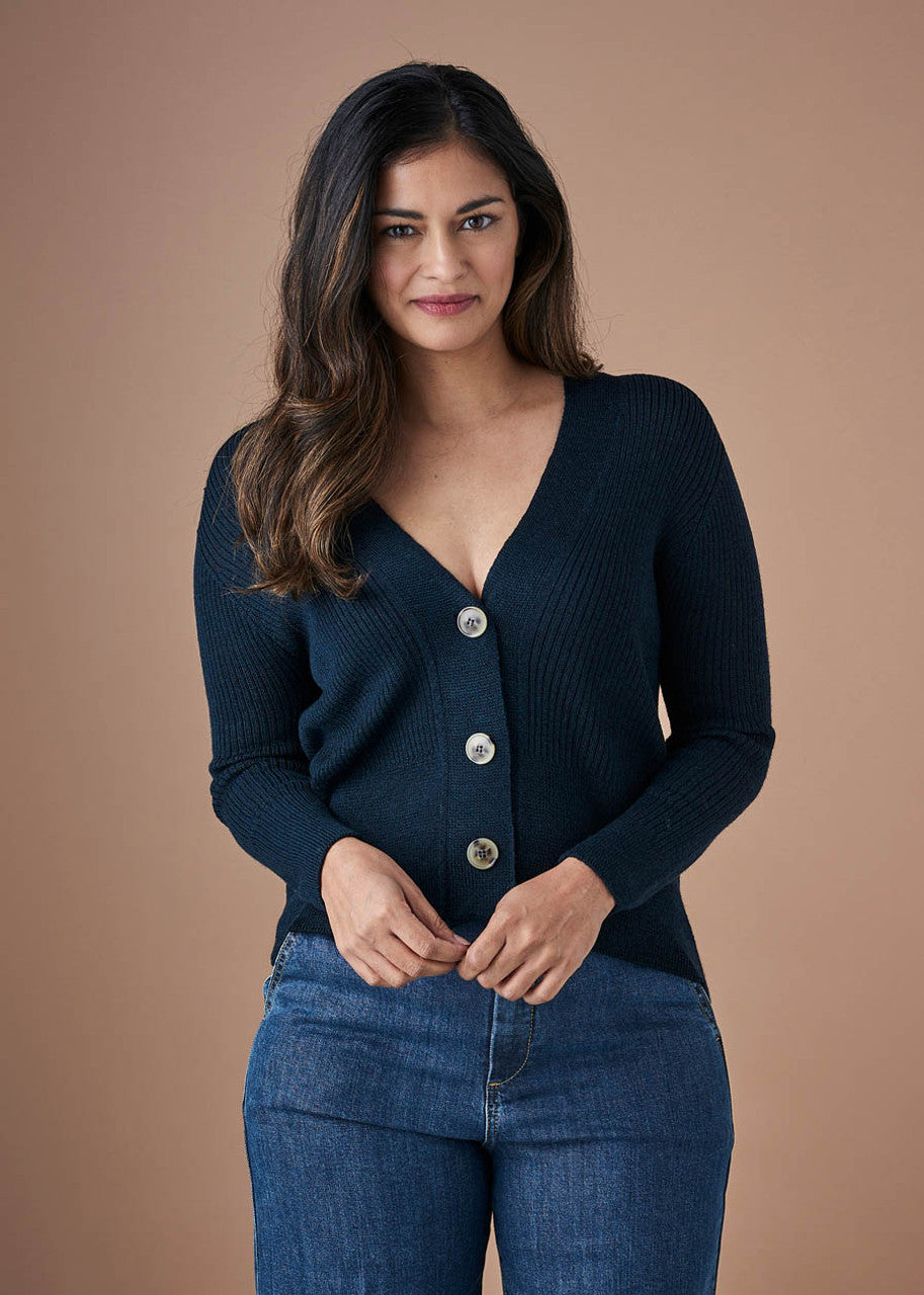 Wednesday Rib Crop V Neck Cardigan in Merino Wool Aniseed