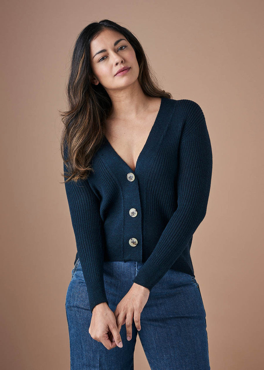 Wednesday Rib Crop V Neck Cardigan in Merino Wool Aniseed