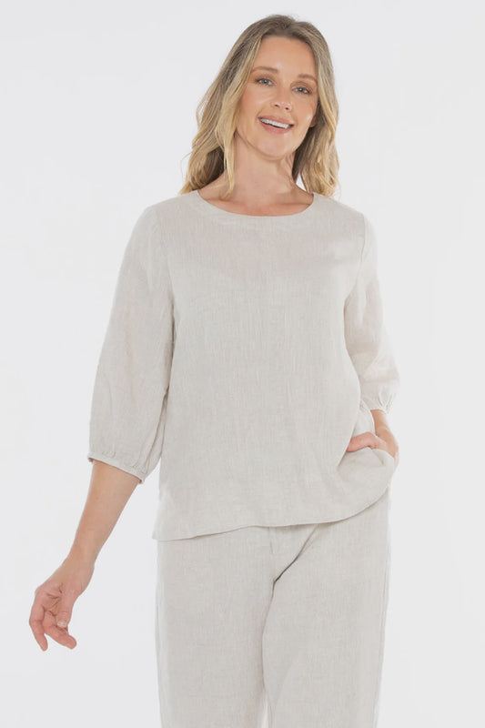 Gathered Sleeve Hem Top Natural Flax