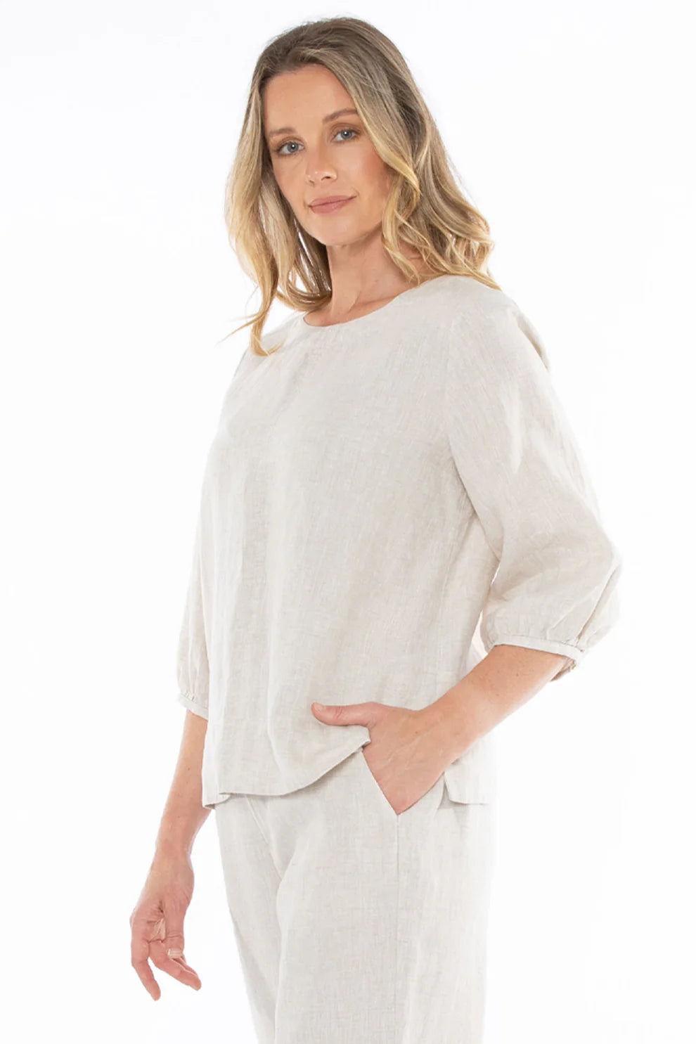 Gathered Sleeve Hem Top Natural Flax