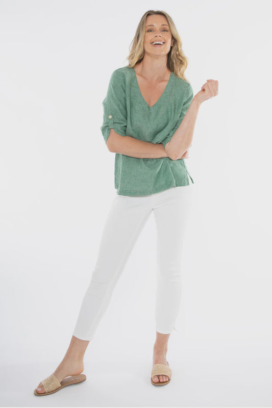 V Neck Tab Sleeve Top Honeydew