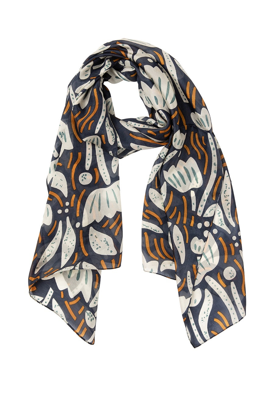 Indus Silk Scarf Bush Daisy Indigo/Caramel/Natural