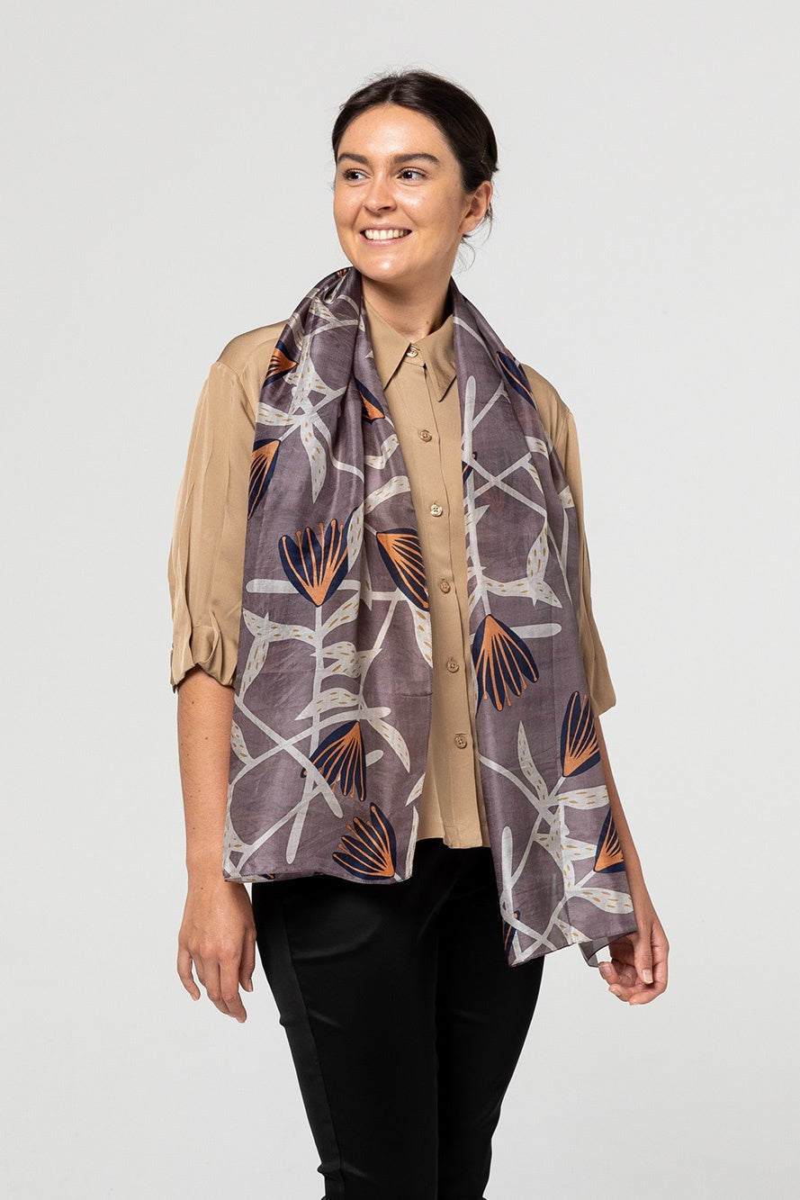 Indus Silk Scarf Flannel Flower Slate/Indigo/Peach